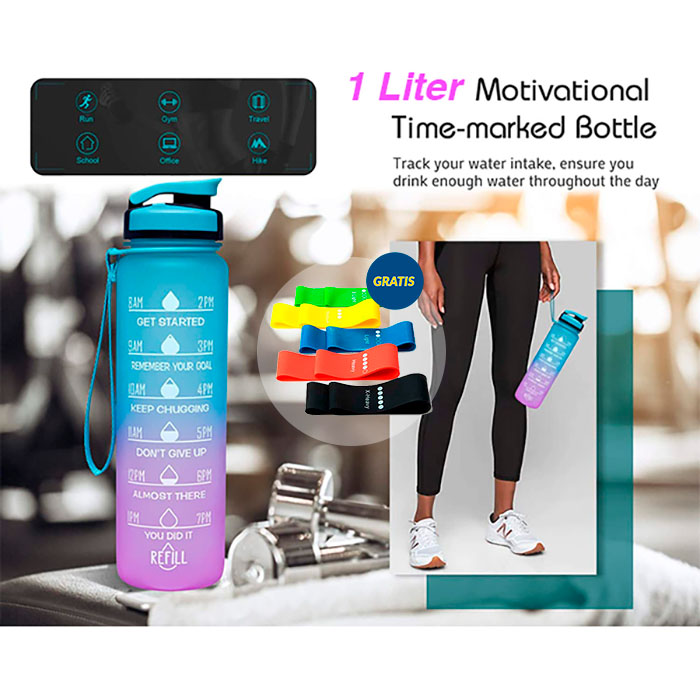 BottleBundle, Bottiglia Motivazionale per l'Acqua + Set di 5 Elastici per Esercizio - Image 4