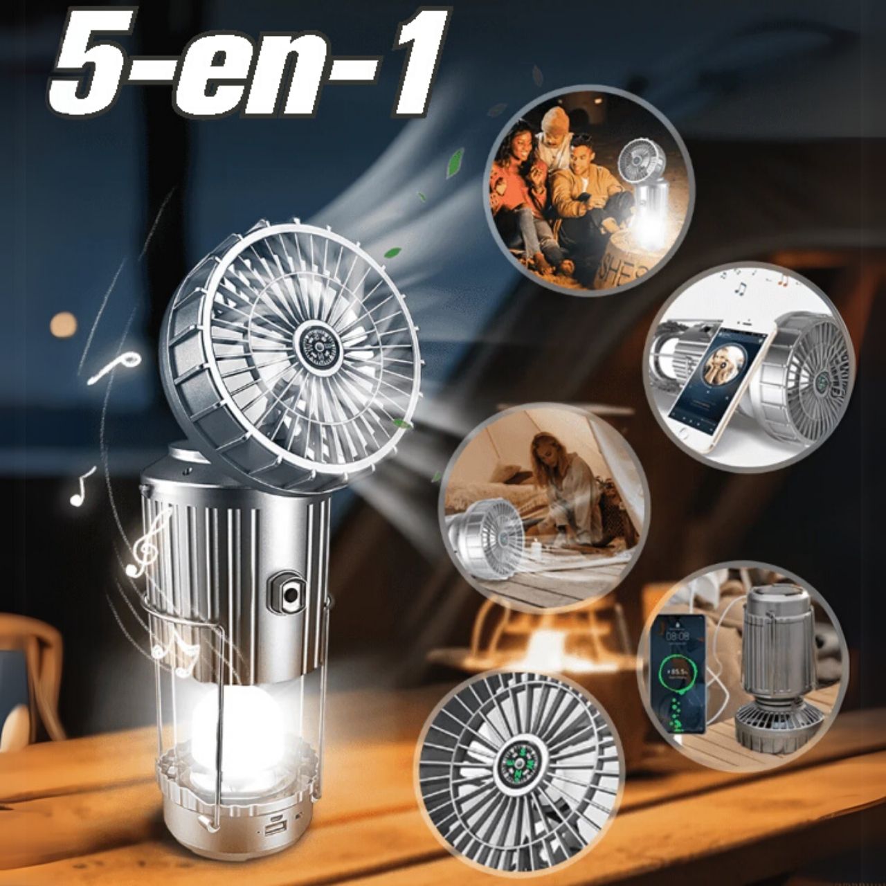 Fan, luce LED solare multifunzionale 5 in 1 con ventilatore - Image 1