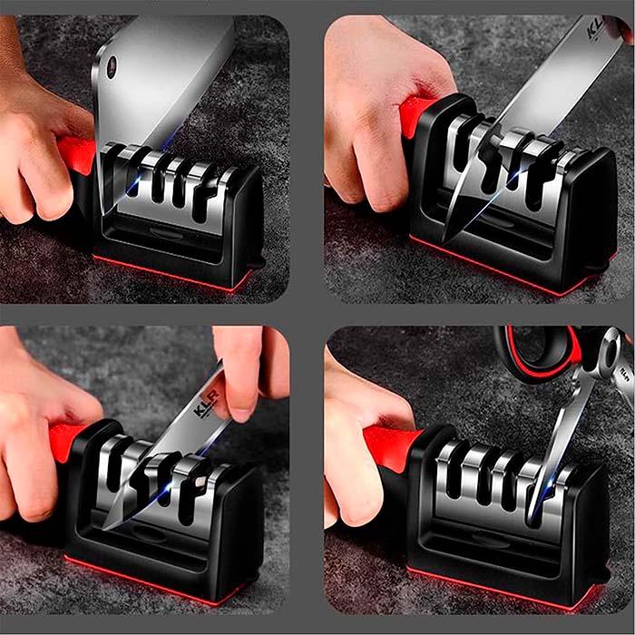 FineCut rende l'affilatura di coltelli da cucina, forbici e altri utensili semplice e precisa.