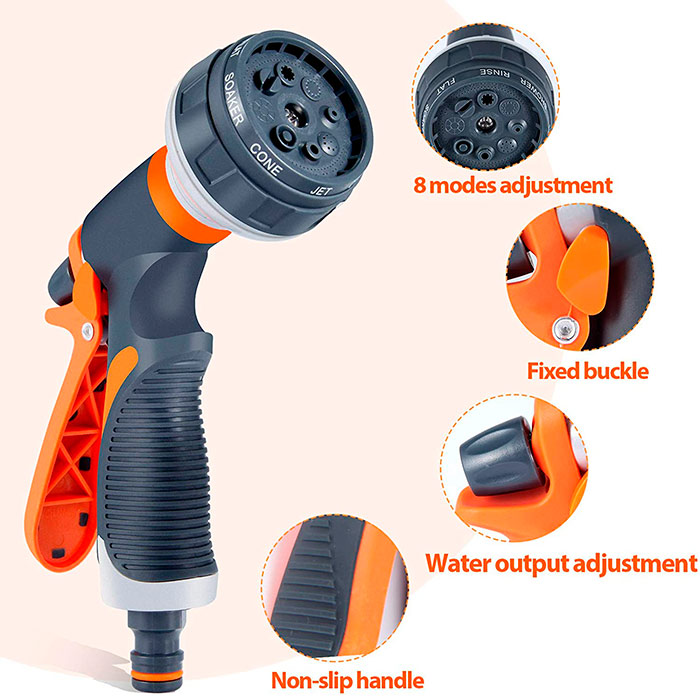 La pistola spruzza acqua con testa rotante offre fino a 8 tipi di getto: vaporizzazione, getto piatto, più getti alla volta, doccia, spray, acqua abbondante e getto delicato e potente!