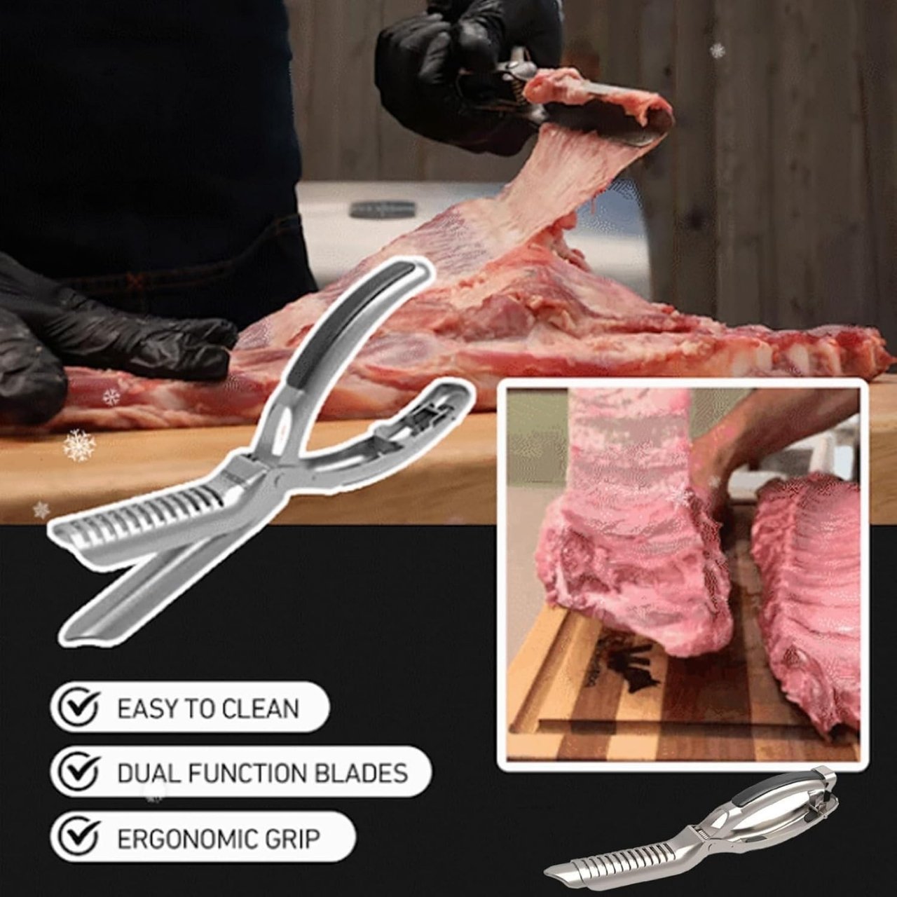 Lo strumento consente una rimozione precisa della membrana, migliorando l'assorbimento delle marinate e il sapore della carne.