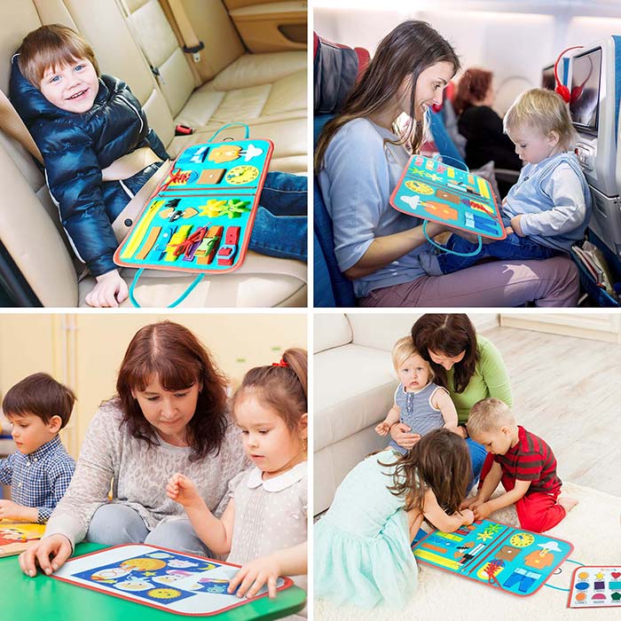 Il giocattolo sensoriale offre 7 attività – imparare le forme, l'alfabeto, una lavagna da disegno, i colori, i numeri, un puzzle con motivi dello spazio e competenze di vita di base (allacciare le scarpe, cerniera, bottone, ecc.).
